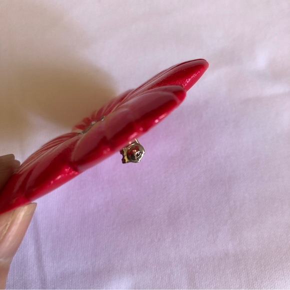 Fuchsia Red / Hot Pink Hibiscus Flower Pin with Rhinestones - Picture 6 of 8